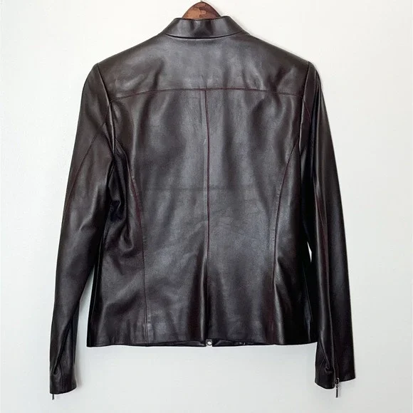 Chocolate Brown Butter Soft Moto Leather Jacket Women's Small Raspberry Trim Y2K - Picture 3 of 7